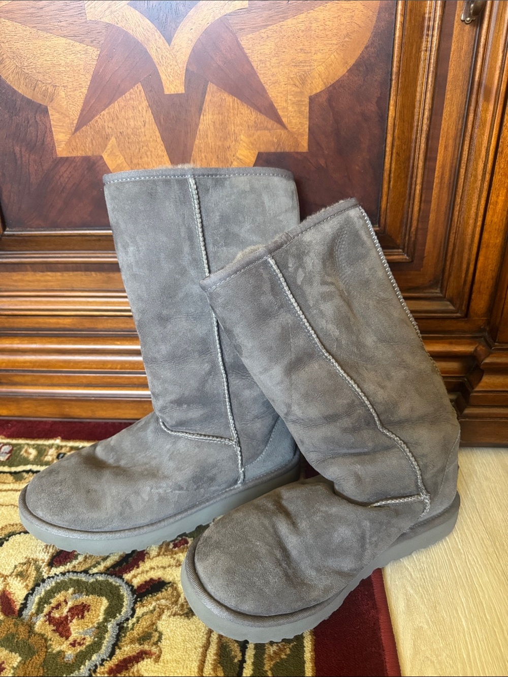 UGG Gray Suede Mid-Calf Shearling Boots